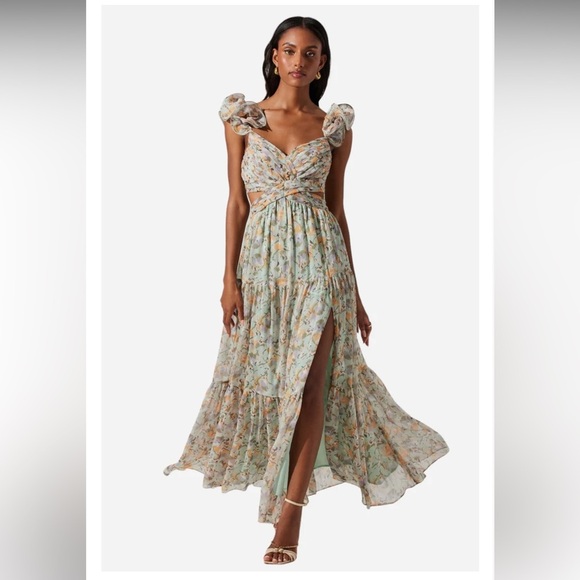 NWT ASTR The Label Fritillaria Maxi Dress Mint Purple Floral Sz S Ruffle Cutout - Picture 15 of 17